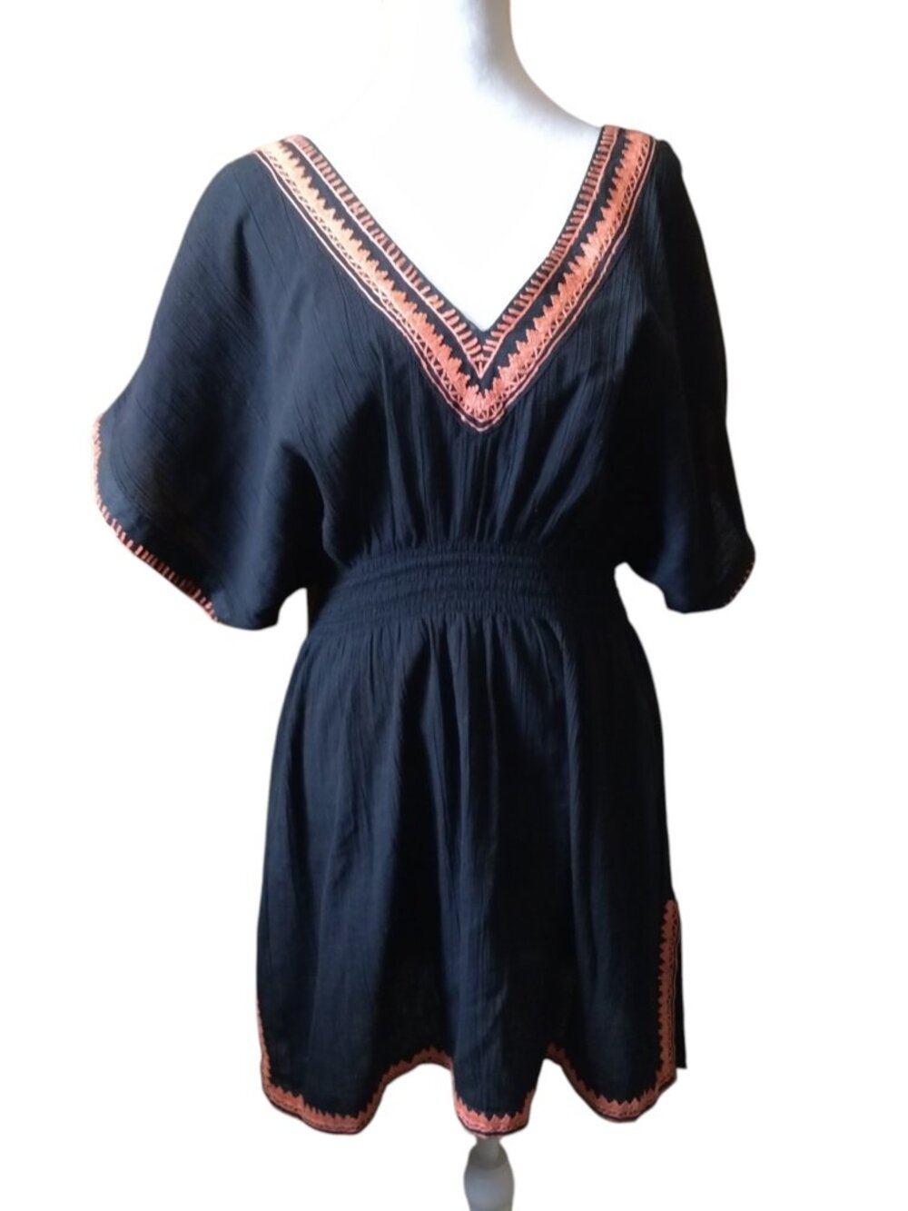 French Connection Embroidered Black V-Neck Swim Cover up Size Medium Beach Boho